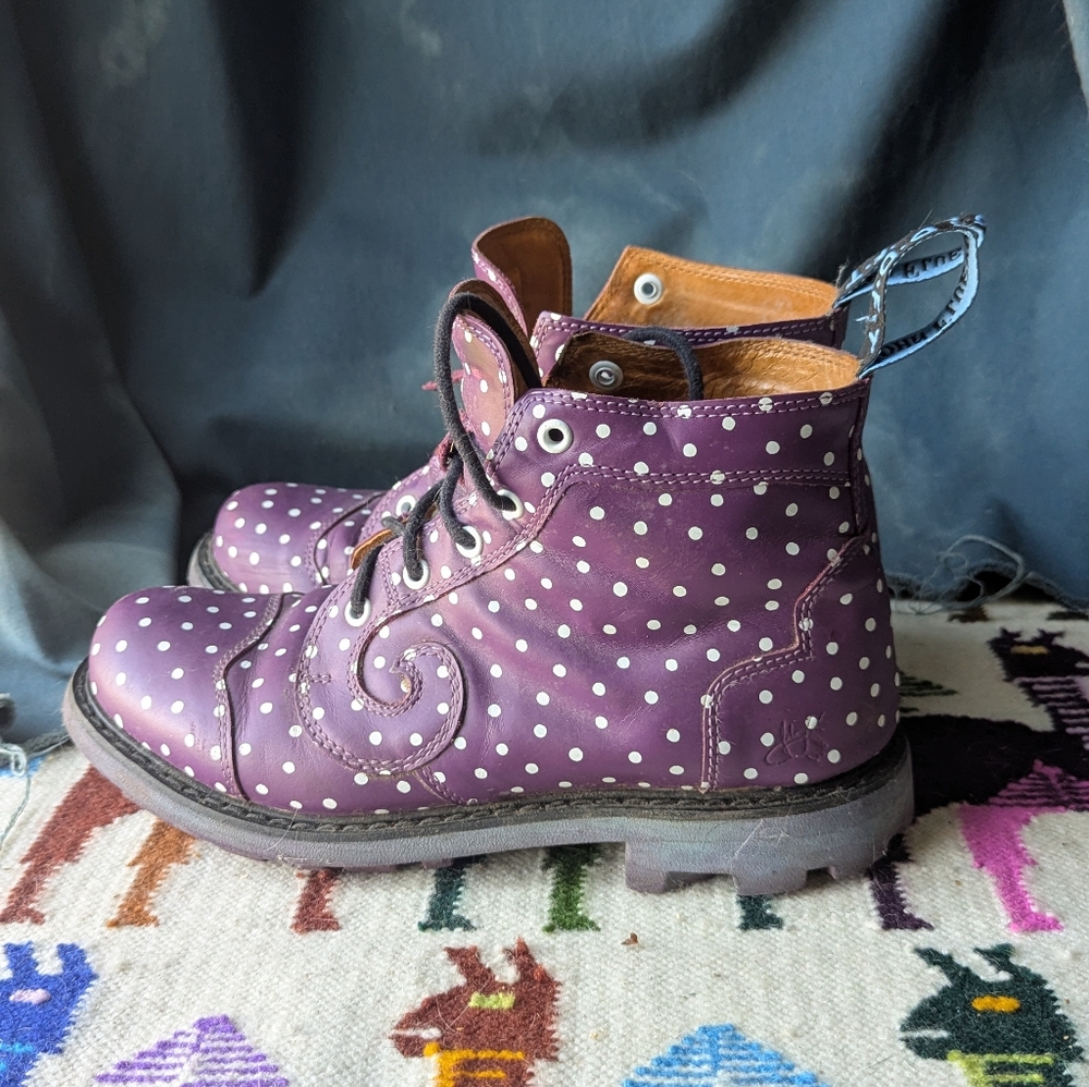 John Fluevog Purple Polka Dot Derby Swirl Boots